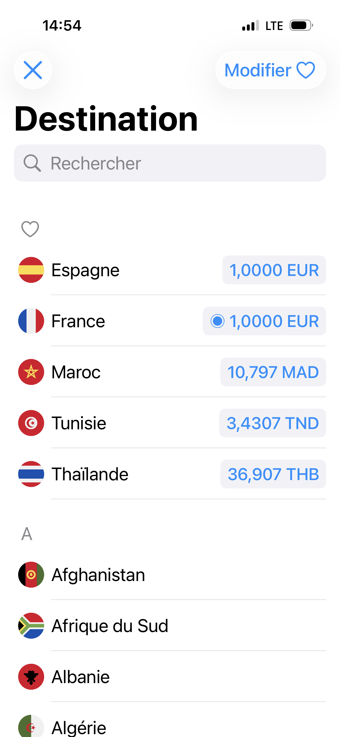 Liste des destinations
