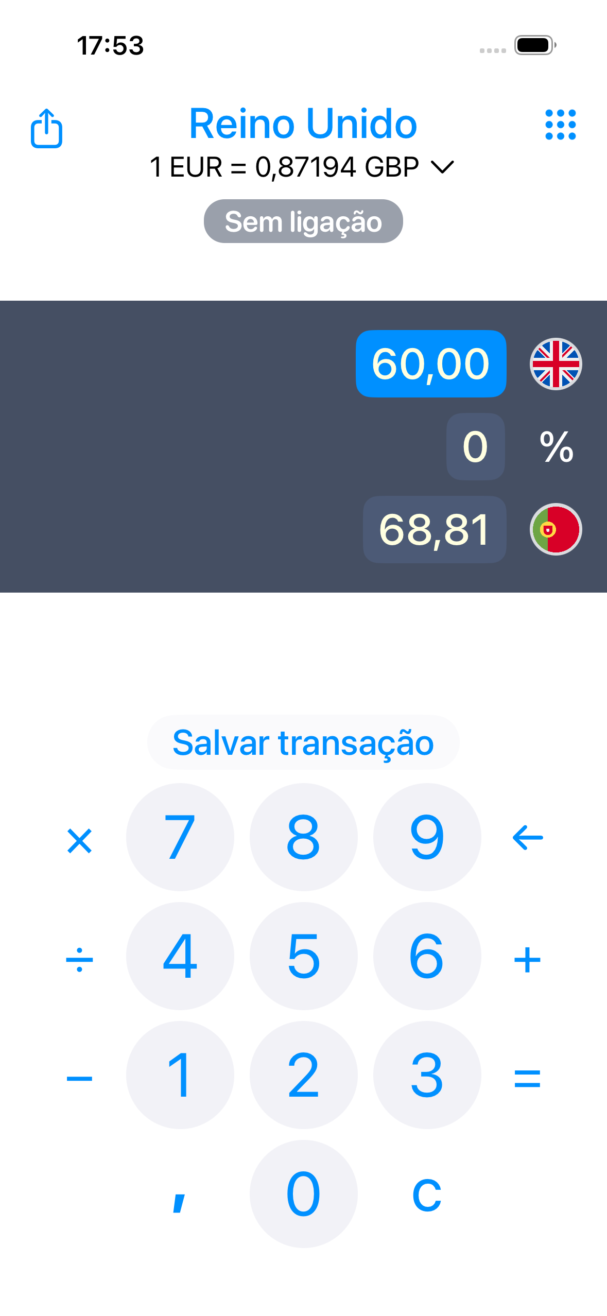 Interface do conversor de moeda