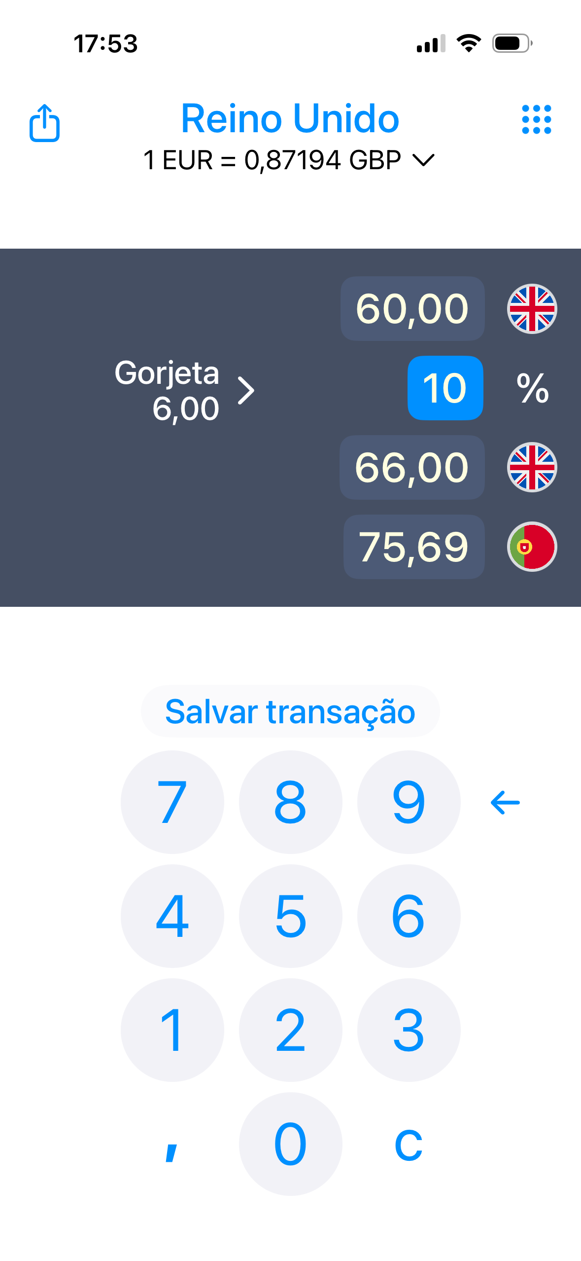 Calculadora de gorjetas e descontos para viajantes